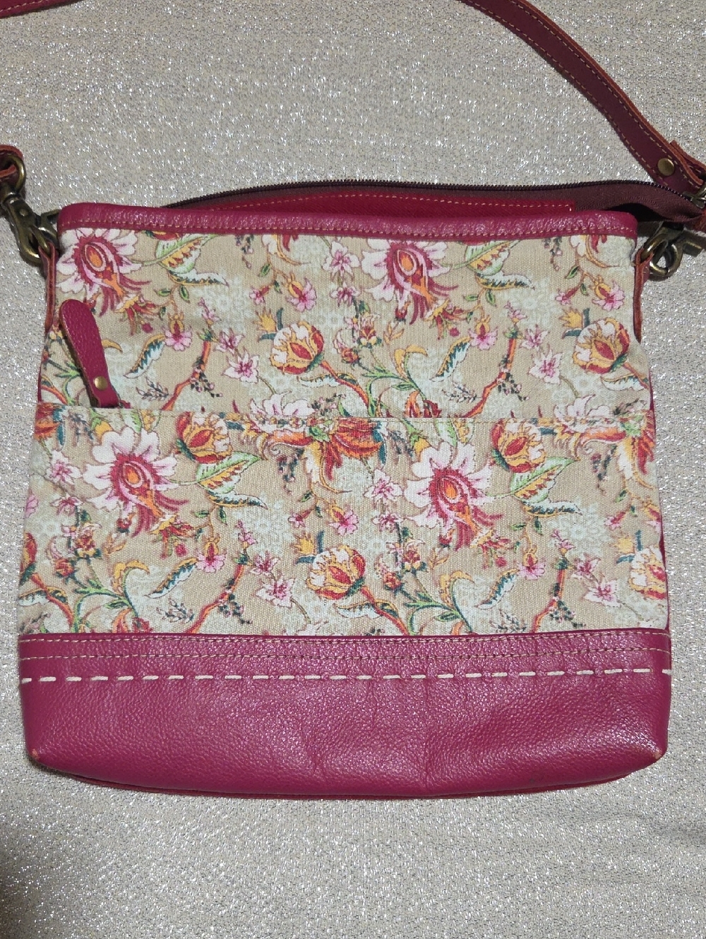 Myra Bag Beige Floral Crossbody with Red Trim